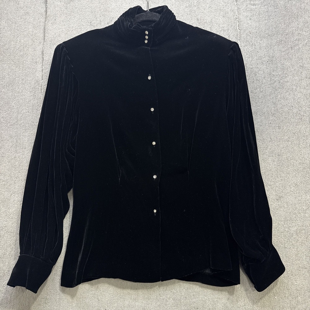 Black velvet rhinestone button evening blouse glam holiday vintage 80s 90s 10